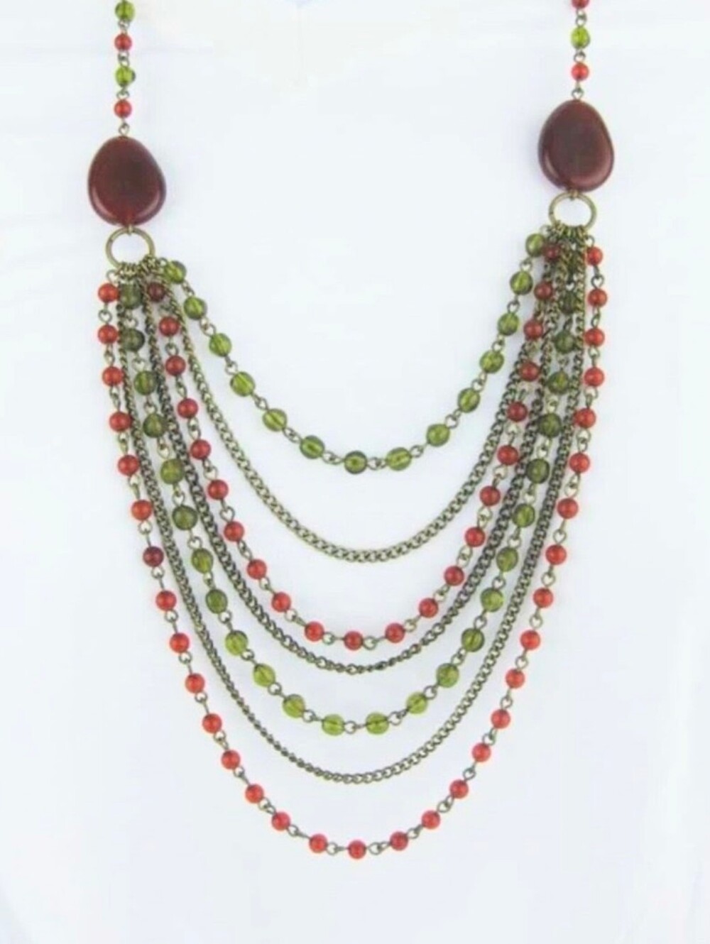 Vintage Avon Green & Red Multi-Strand Layered Bohemian Beaded Necklace